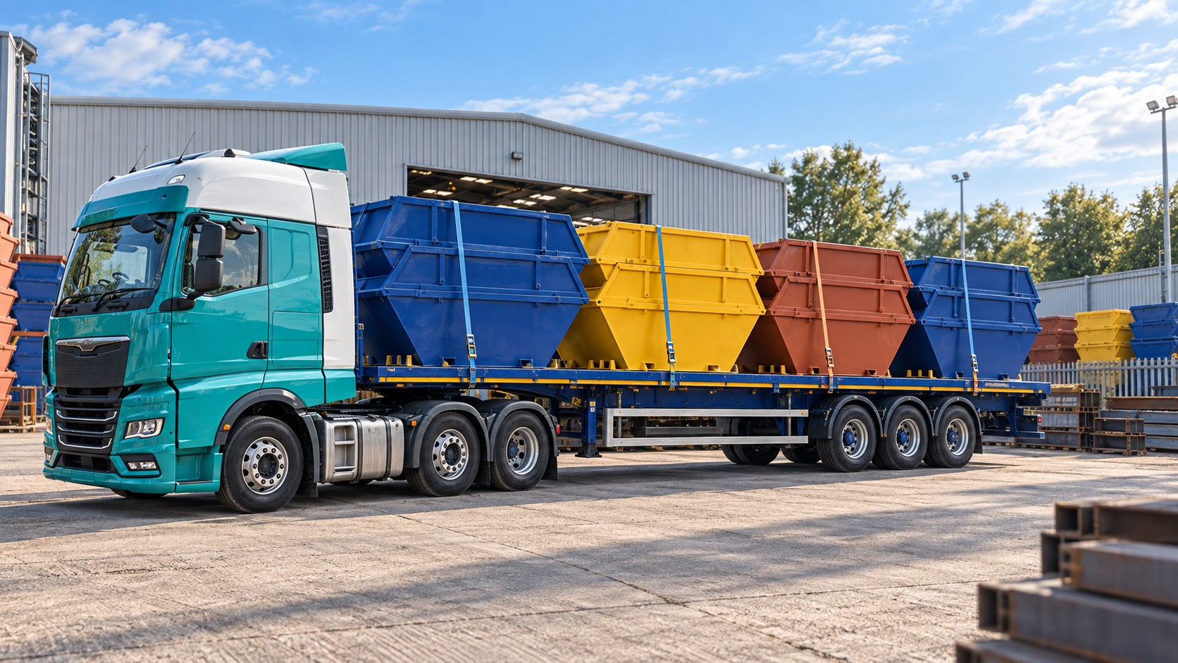 Teal articulated lorry carrying full-width blue, yellow and terracotta skips in a fabrication dispatch yard.